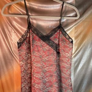Vintage 1950’s full slip chemise black and blood‎ red lace. 32” chest 209